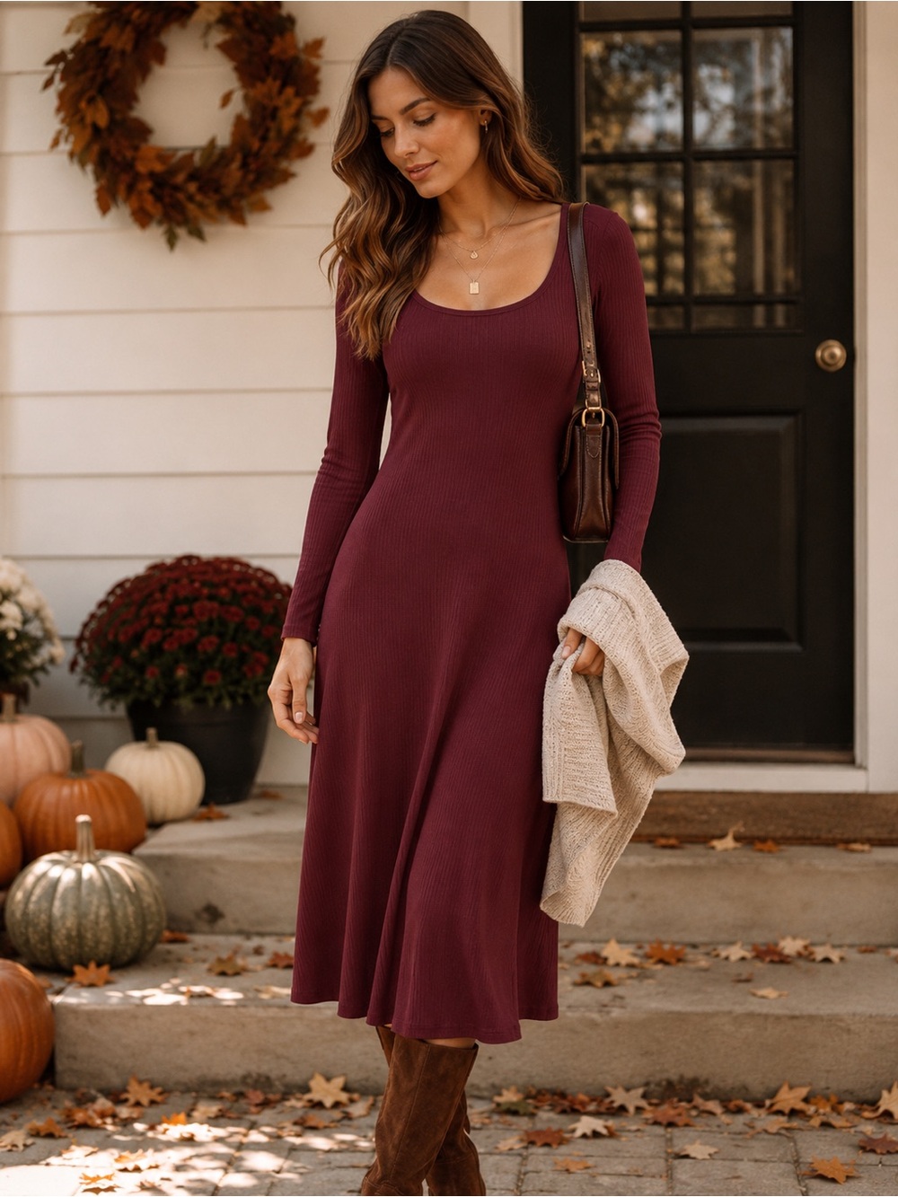 Mango Burgundy Ribbed Long-Sleeve Midi Dress NWT